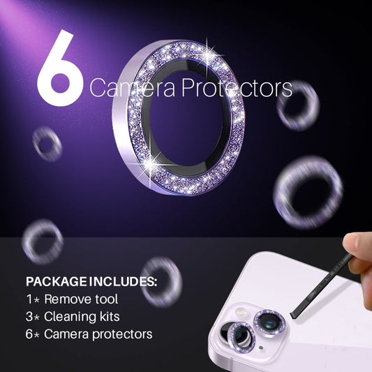 For iPhone 15 / 15 Plus / 14 / 14 Plus NORTHJO 3 Set 6pcs Camera Lens Protector Glitter Metal Ring Film(Purple)
