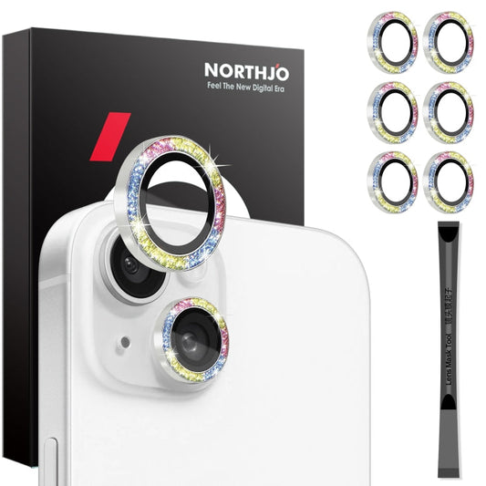 For iPhone 15 / 15 Plus / 14 / 14 Plus NORTHJO 3 Set 6pcs Camera Lens Protector Glitter Metal Ring Film(Colorful)