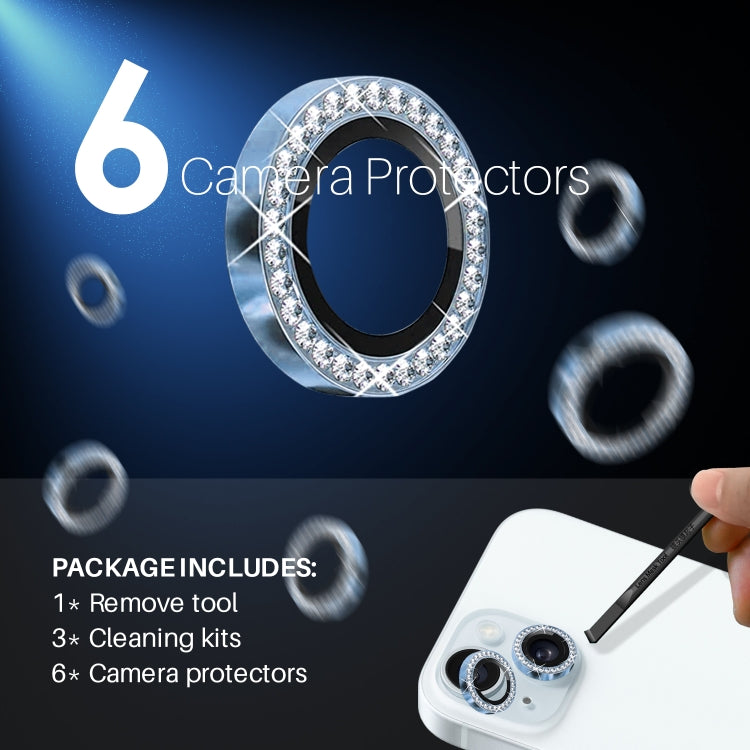For iPhone 15 / 15 Plus / 14 / 14 Plus NORTHJO 3 Set 6Pcs Camera Lens Protector Diamond Metal Ring Film(Blue)