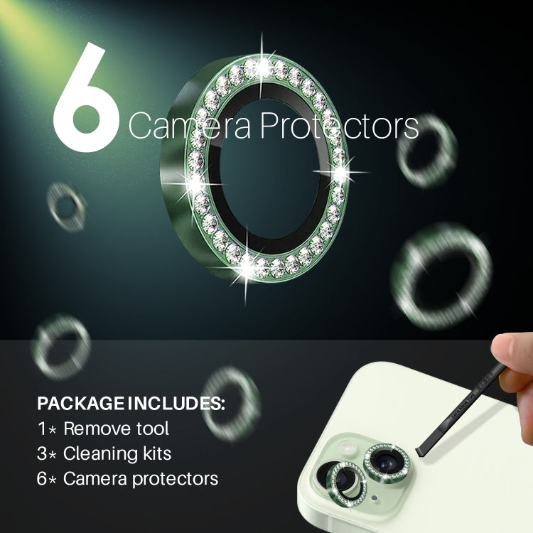 For iPhone 15 / 15 Plus / 14 / 14 Plus NORTHJO 3 Set 6Pcs Camera Lens Protector Diamond Metal Ring Film(Green)