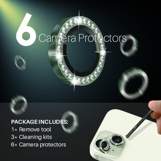 For iPhone 15 / 15 Plus / 14 / 14 Plus NORTHJO 3 Set 6Pcs Camera Lens Protector Diamond Metal Ring Film(Green)