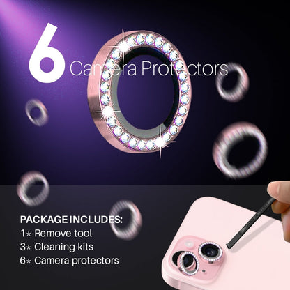 For iPhone 15 / 15 Plus / 14 / 14 Plus NORTHJO 3 Set 6Pcs Camera Lens Protector Diamond Metal Ring Film(Pink)