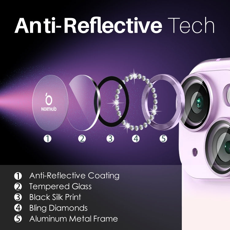For iPhone 15 / 15 Plus / 14 / 14 Plus NORTHJO 3 Set 6Pcs Camera Lens Protector Diamond Metal Ring Film(Purple)