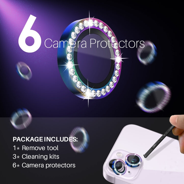 For iPhone 15 / 15 Plus / 14 / 14 Plus NORTHJO 3 Set 6Pcs Camera Lens Protector Diamond Metal Ring Film(Colorful)
