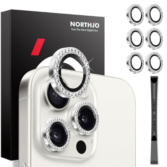 For iPhone 15 Pro / 15 Pro Max NORTHJO 2 Set 6Pcs Camera Lens Protector Diamond Metal Ring Film(Silver)