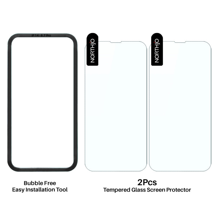 For iPhone 14 Pro Max NORTHJO 2pcs A++ Screen Protector Tempered Glass Film with Installation Frame