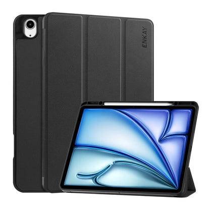 For iPad Air 13 2026 / 2025 / 2024 ENKAY Tri-fold Custer Texture TPU Leather Smart Tablet Case with Pen Slot(Black)