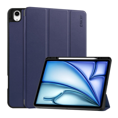For iPad Air 13 2026 / 2025 / 2024 ENKAY Tri-fold Custer Texture TPU Leather Smart Tablet Case with Pen Slot(Dark Blue)