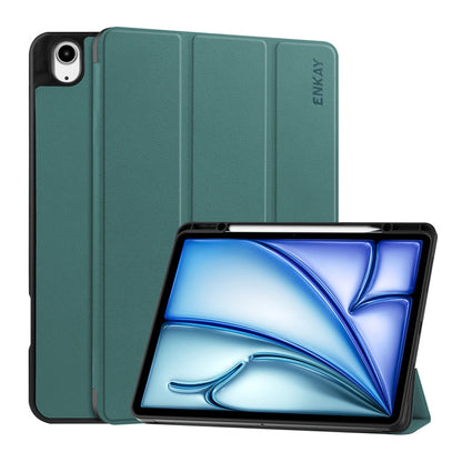 For iPad Air 13 2026 / 2025 / 2024 ENKAY Tri-fold Custer Texture TPU Leather Smart Tablet Case with Pen Slot(Dark Green)
