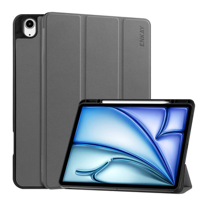 For iPad Air 13 2026 / 2025 / 2024 ENKAY Tri-fold Custer Texture TPU Leather Smart Tablet Case with Pen Slot(Grey)