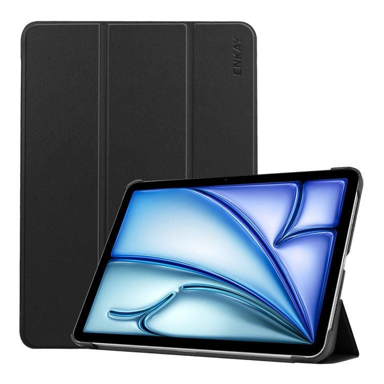 Pour iPad Air 13 2026 / 2025 / 2024 ENKAY Étui intelligent en cuir plastique texturé Custer à trois volets (noir)
