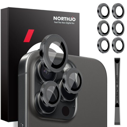 Pour iPhone 16 Pro / Pro Max NORTHJO 2 Ensembles 6pcs Cache Objectif de Caméra Anneau Métallique (Noir)