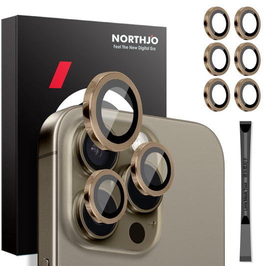 Pour iPhone 16 Pro / Pro Max NORTHJO 2 Ensembles 6 Pièces Protecteur d'Objectif d'Appareil Photo Anneau Métallique Film (Marron)
