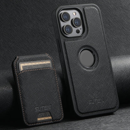 For iPhone 15 Pro Max Suteni M2 Cross-Grain MagSafe Vertical Card Back Phone Case(Black)
