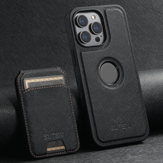 For iPhone 15 Pro Max Suteni M2 Cross-Grain MagSafe Vertical Card Back Phone Case(Black)
