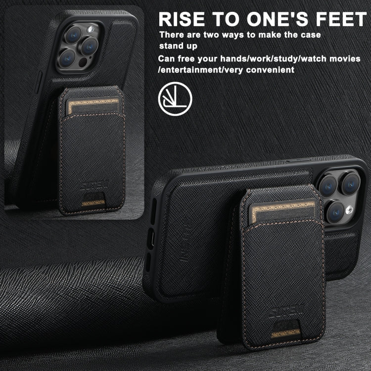 For iPhone 15 Pro Max Suteni M2 Cross-Grain MagSafe Vertical Card Back Phone Case(Black)