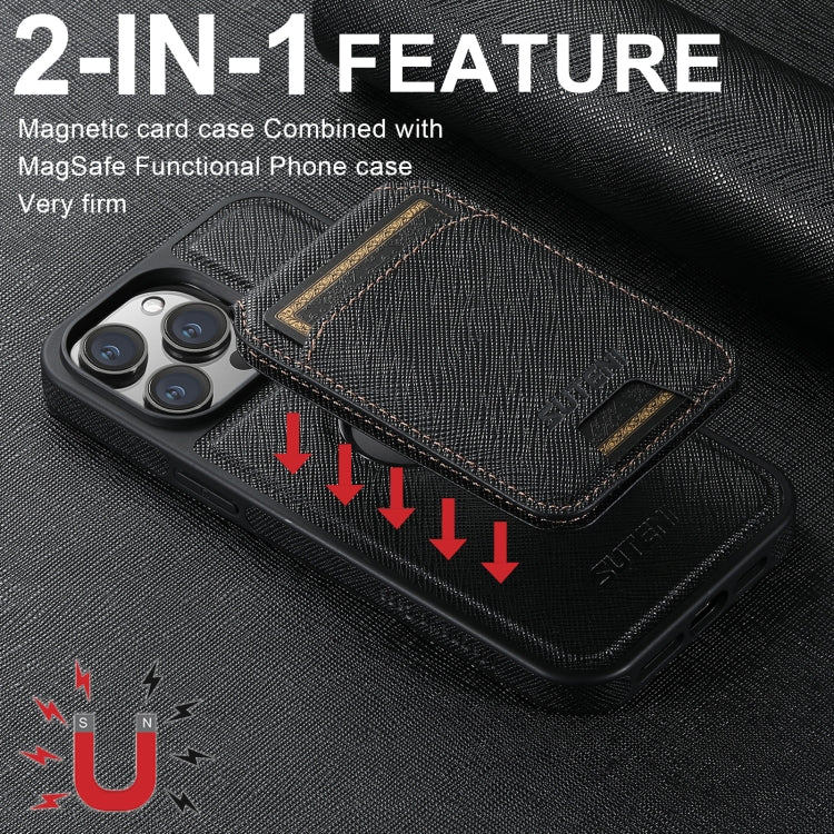 For iPhone 15 Pro Max Suteni M2 Cross-Grain MagSafe Vertical Card Back Phone Case(Black)