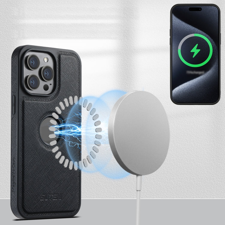 For iPhone 15 Pro Max Suteni M2 Cross-Grain MagSafe Vertical Card Back Phone Case(Black)