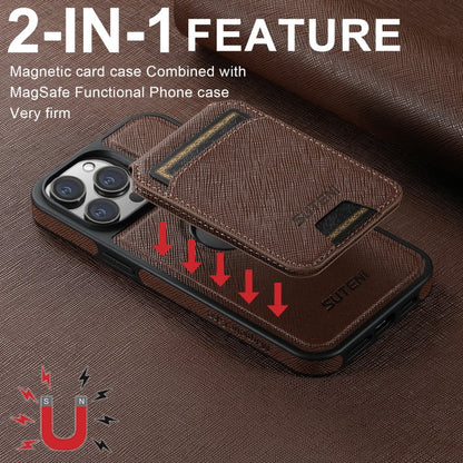 For iPhone 15 Plus Suteni M2 Cross-Grain MagSafe Vertical Card Back Phone Case(Brown)