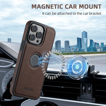 For iPhone 15 Plus Suteni M2 Cross-Grain MagSafe Vertical Card Back Phone Case(Brown)