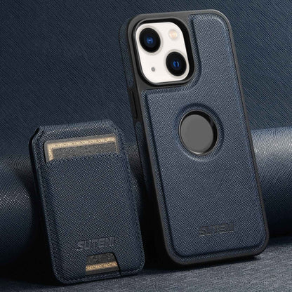 For iPhone 14 Suteni M2 Cross-Grain MagSafe Vertical Card Back Phone Case(Blue)