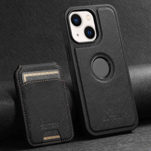 Pour iPhone 13 Suteni M2 Étui de téléphone à dos à carte verticale MagSafe à grain croisé (Noir)