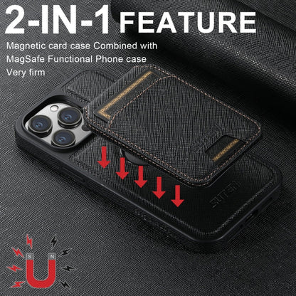 For iPhone 13 Suteni M2 Cross-Grain MagSafe Vertical Card Back Phone Case(Black)