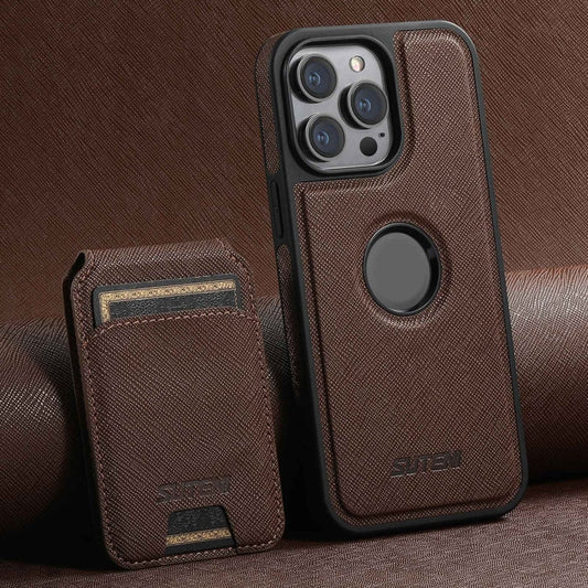 Pour iPhone 12 Pro Max Étui Suteni M2 à Grain Croisé MagSafe Vertical avec Porte-Cartes (Marron)