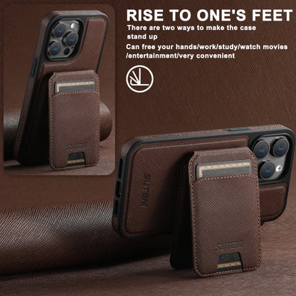 For iPhone 12 Pro Max Suteni M2 Cross-Grain MagSafe Vertical Card Back Phone Case(Brown)