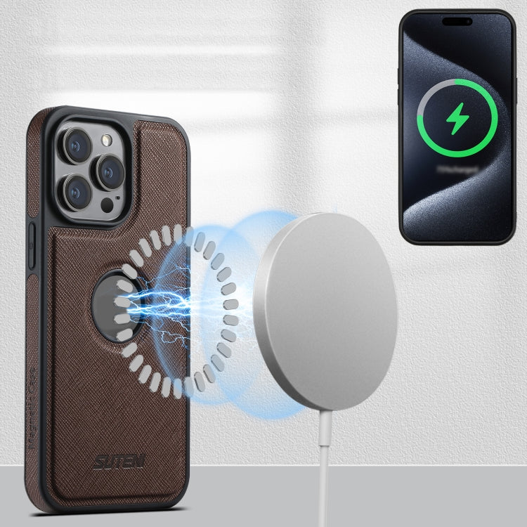 For iPhone 12 Pro Max Suteni M2 Cross-Grain MagSafe Vertical Card Back Phone Case(Brown)