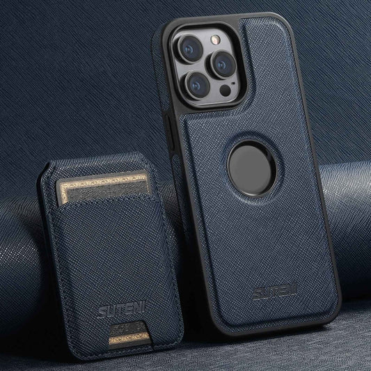 Pour iPhone 12 Pro Max Étui Suteni M2 à Grain Croisé MagSafe Vertical avec Porte-Cartes (Bleu)
