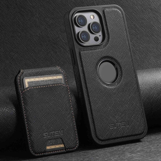 Pour iPhone 12 Pro Étui de téléphone à dos de carte vertical Suteni M2 à grain croisé MagSafe (noir)