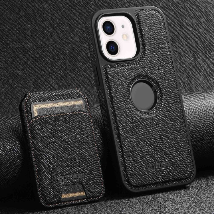 Pour iPhone 12 Étui Suteni M2 à Grain Croisé MagSafe Vertical avec Porte-cartes au Dos (Noir)