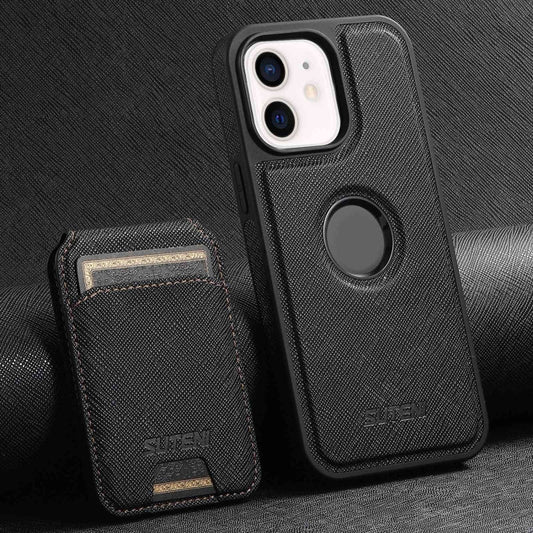 Pour iPhone 12 Étui Suteni M2 à Grain Croisé MagSafe Vertical avec Porte-cartes au Dos (Noir)