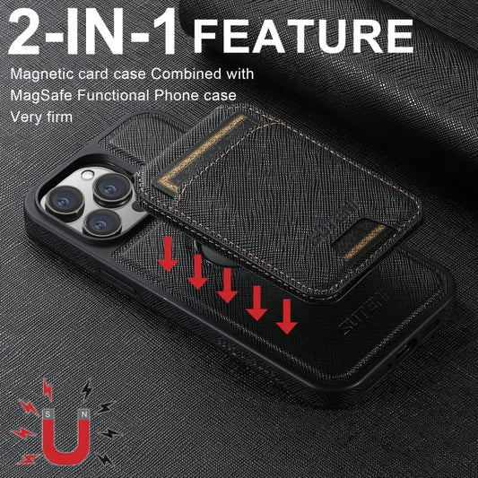 Pour iPhone 12 Étui Suteni M2 à Grain Croisé MagSafe Vertical avec Porte-cartes au Dos (Noir)