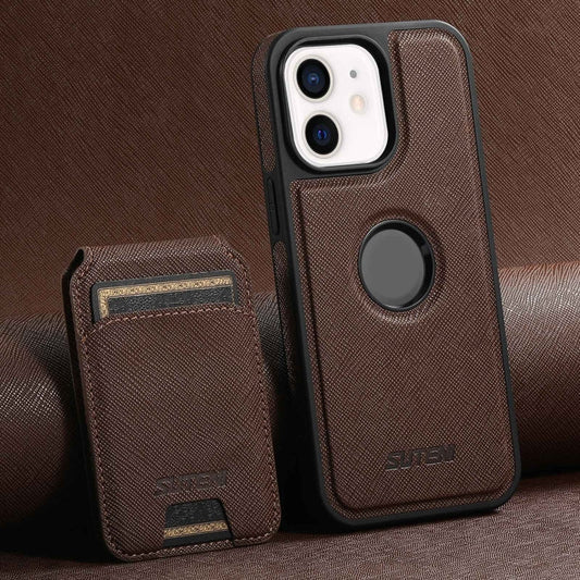 Pour iPhone 12 Étui Suteni M2 à Grain Croisé MagSafe avec Porte-Carte Vertical (Marron)
