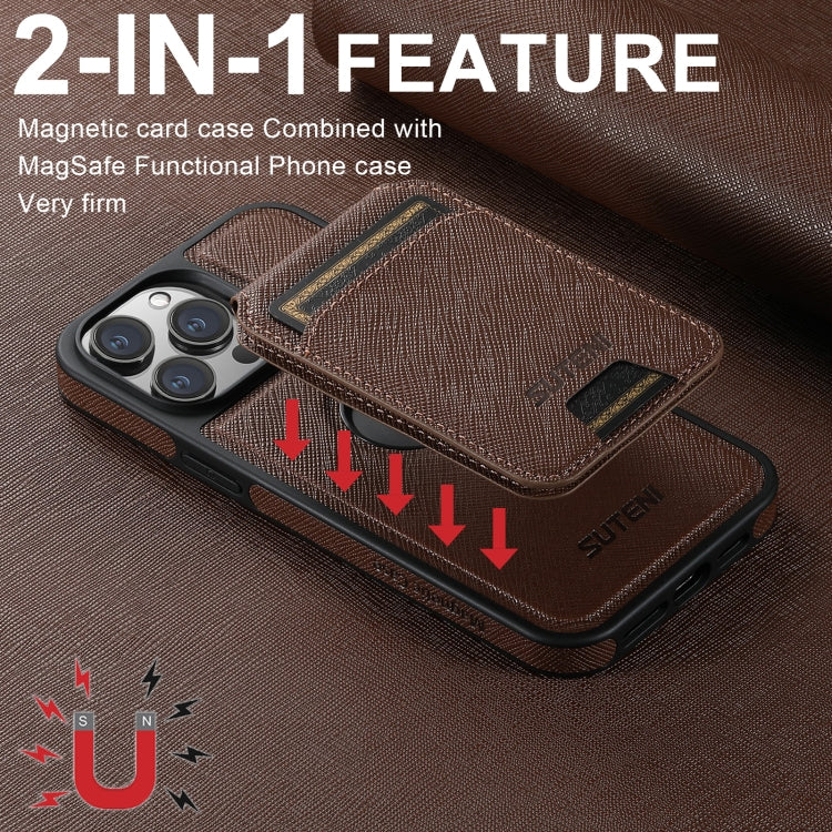 For iPhone 16 Suteni M2 Cross-Grain MagSafe Vertical Card Back Phone Case(Brown)