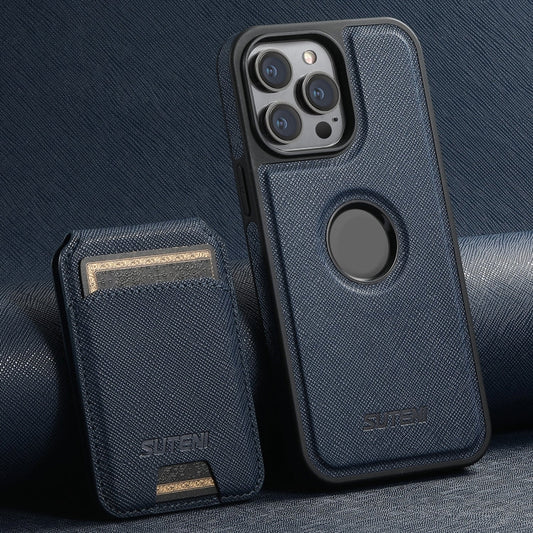 For iPhone 16 Pro Suteni M2 Cross-Grain MagSafe Vertical Card Back Phone Case(Blue)