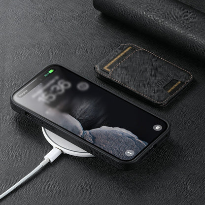 For iPhone 16 Plus Suteni M2 Cross-Grain MagSafe Vertical Card Back Phone Case(Black)