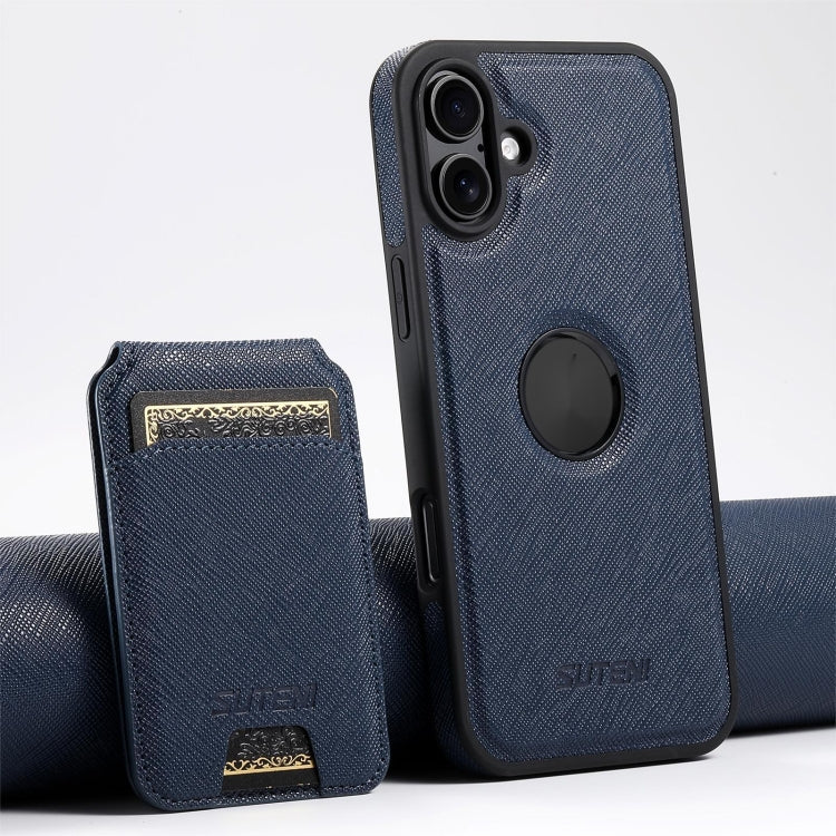Pour iPhone 16 Plus Suteni M2 Étui de téléphone arrière à carte verticale MagSafe à grain croisé (Bleu)