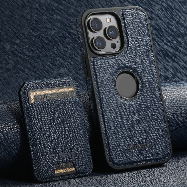 Pour iPhone 16 Pro Max Étui Suteni M2 à Grain Croisé MagSafe avec Porte-Carte Vertical Arrière (Bleu)