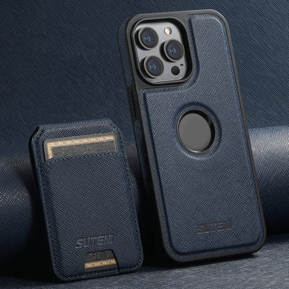 Pour iPhone 16 Pro Max Étui Suteni M2 à Grain Croisé MagSafe avec Porte-Carte Vertical Arrière (Bleu)