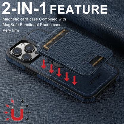 Pour iPhone 16 Pro Max Étui Suteni M2 à Grain Croisé MagSafe avec Porte-Carte Vertical Arrière (Bleu)