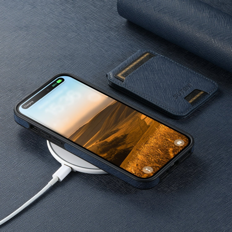 Pour iPhone 16 Pro Max Étui Suteni M2 à Grain Croisé MagSafe avec Porte-Carte Vertical Arrière (Bleu)