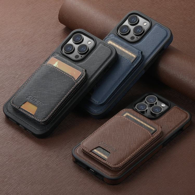 Pour iPhone 12 Étui Suteni M2 à Grain Croisé MagSafe Vertical avec Porte-cartes au Dos (Noir)