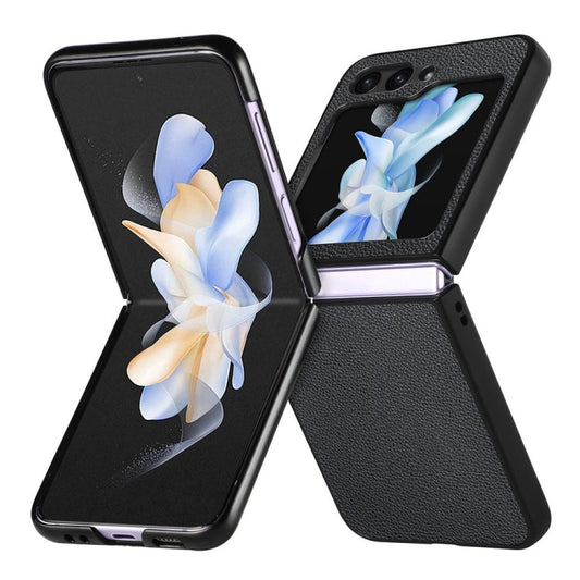 Pour Samsung Galaxy Z Flip6 / Flip7 FE JUNSUNMAY Coque de Téléphone Pliable en PC avec Revêtement en Cuir Texture Litchi (Noir)