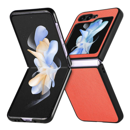 Pour Samsung Galaxy Z Flip6 / Flip7 FE JUNSUNMAY Coque de Téléphone Pliable en PC avec Revêtement en Cuir Texture Litchi (Orange)