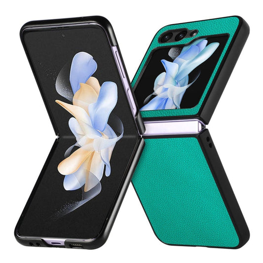 Pour Samsung Galaxy Z Flip6 JUNSUNMAY Coque de Téléphone Pliable en PC avec Texture Cuir Litchi (Vert)