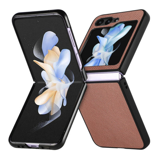 Pour Samsung Galaxy Z Flip6 / Flip7 FE JUNSUNMAY Coque de téléphone pliable en PC avec texture de cuir litchi (marron)