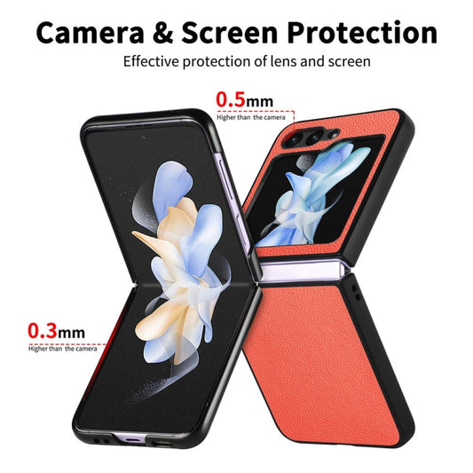 Pour Samsung Galaxy Z Flip6 / Flip7 FE JUNSUNMAY Coque de Téléphone Pliable en PC avec Revêtement en Cuir Texture Litchi (Orange)